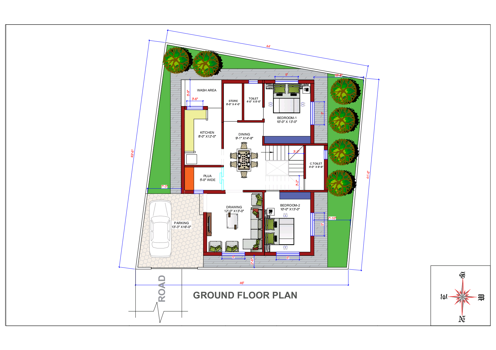 44x48 Elevation Design Indore - 44*48 House Plan India